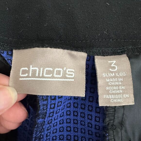 Chicos Slim Leg Pant Womens XL Blue Black Geometric Twill Flat Front Pockets - Picture 5 of 8